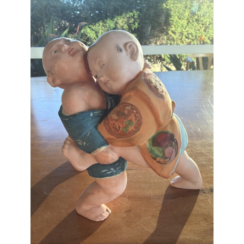 Vintage Asian Folk Art Ceramic Figural Group – Two Boys Wrestling – Hand Painted